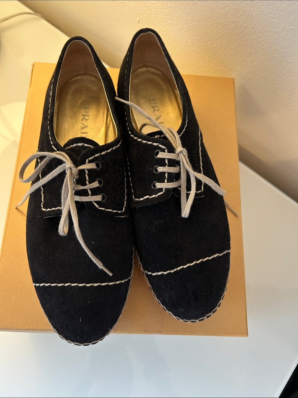 Prada Black Suede Lace-Up Derbys with Contrast Stitching